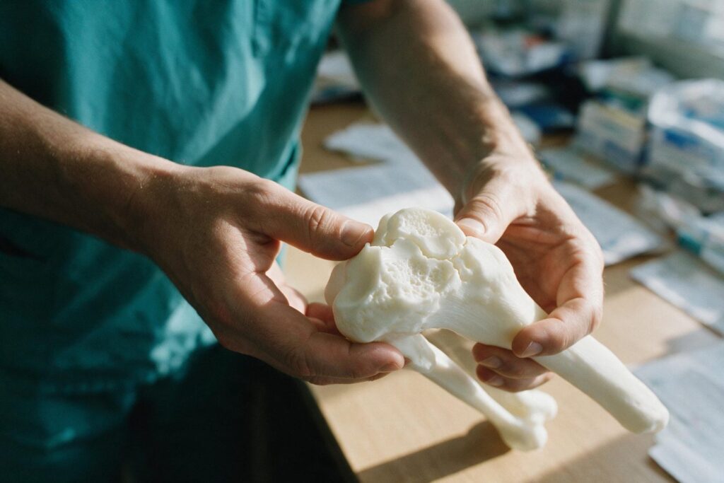 Two surgeons comparing a 3D-printed pelvis model against imaging on screen.