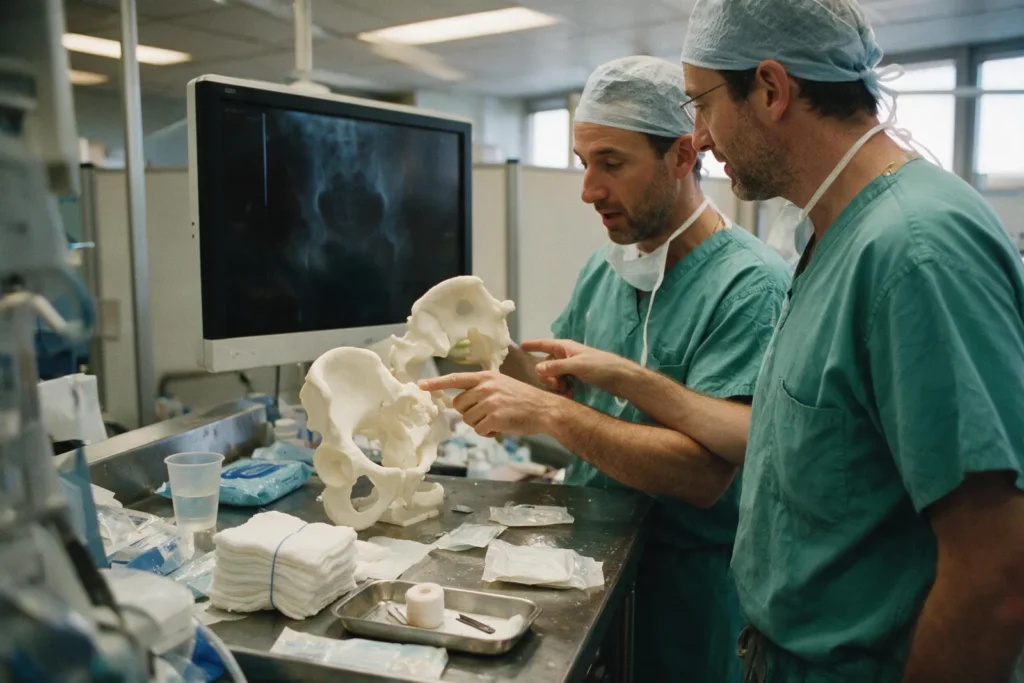 Two surgeons comparing a 3D-printed pelvis model against imaging on screen.