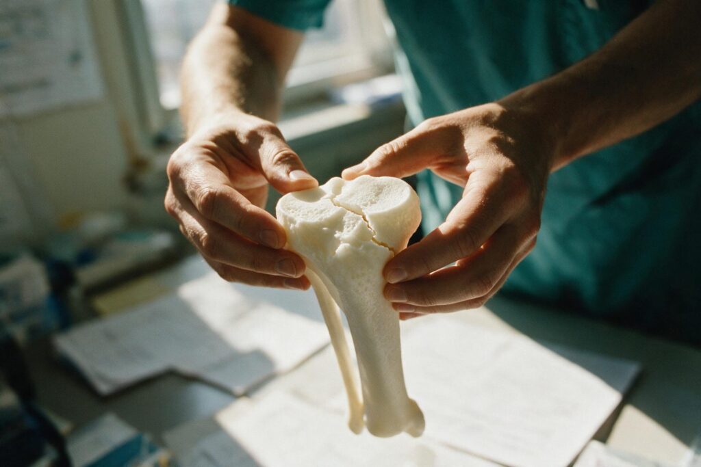 A surgeon holding a 3D-printed model of a fractured tibial plateau.